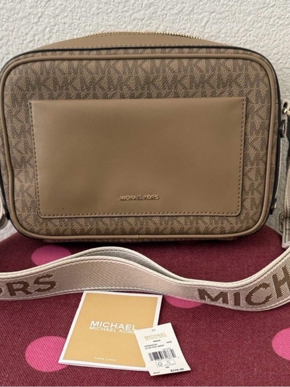 Michael Kors Brown Taupe Signature Crossbody Camera Bag with Logo Strap